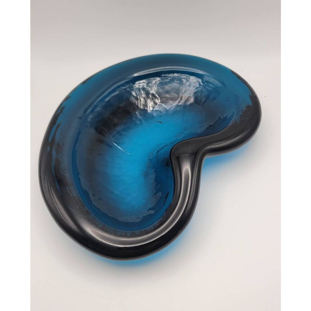 Midcentury Blenko Freeform Cobalt Blue Colored Amoeba Blob Glass Ashtray by Wayn